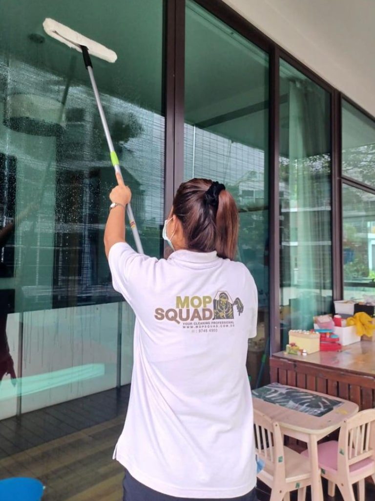 the girl is using cleaning tool to clean the house window